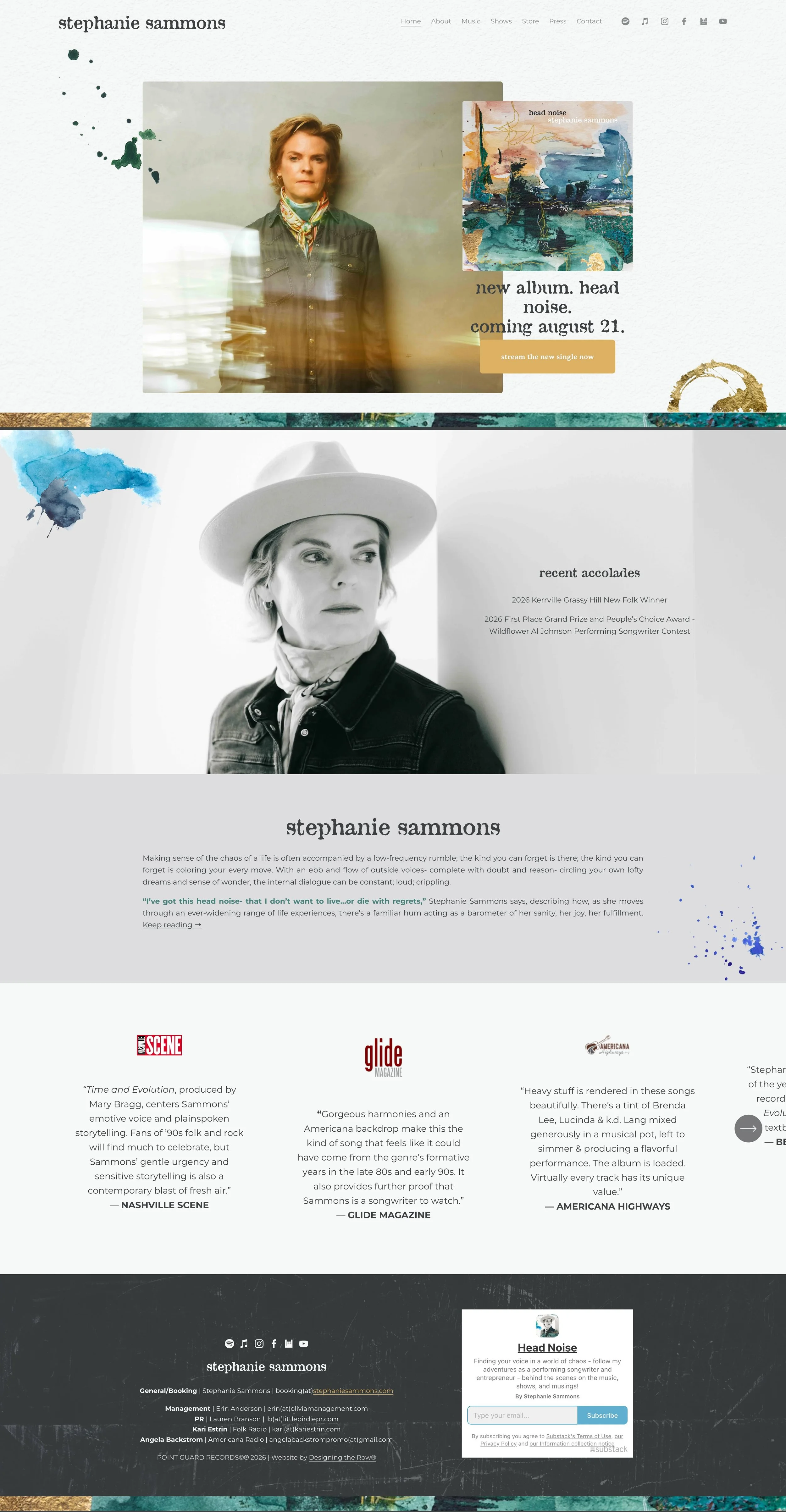 Stephanie Sammons website homepage for new 2026 album, 'Head Noise'