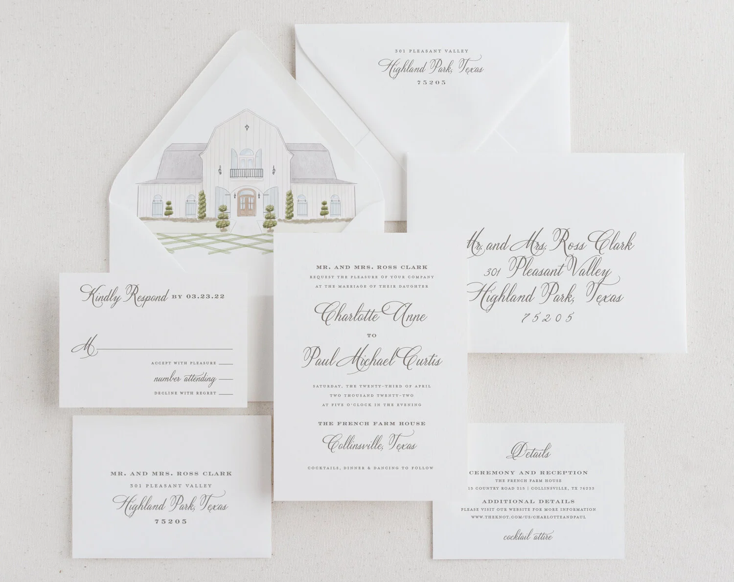 Charlotte-Suite_Jerry-and-Julep_Wedding-Invitations_Venue-Drawing-French-Farm-House-Texas_Simple-Classic-Calligraphy-Elegant-Pretty_Spring-Summer-Fall-Winter_Outdoor-Outside-Second-Taupe-Greenery-Blue