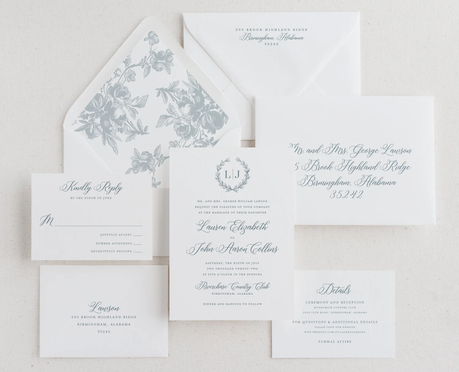 Elizabeth-Suite_Jerry-and-Julep_Wedding-Invitations_Dusty-Blue-Pale_Laurel-Wreath_Monogram-Crest_Simple-Classy-Elegant_Spring-Summer-Fall-Winter-Outdoor-Outside-Second-Southern-Alabama