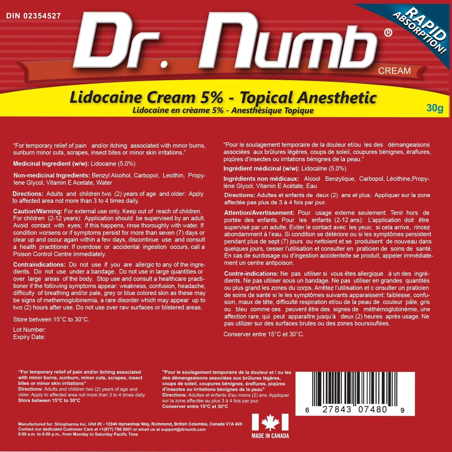 Dr Numb 5 lidocaine topical anesthetic skin numbing prep medication 30g   Lexicon Medical Supply