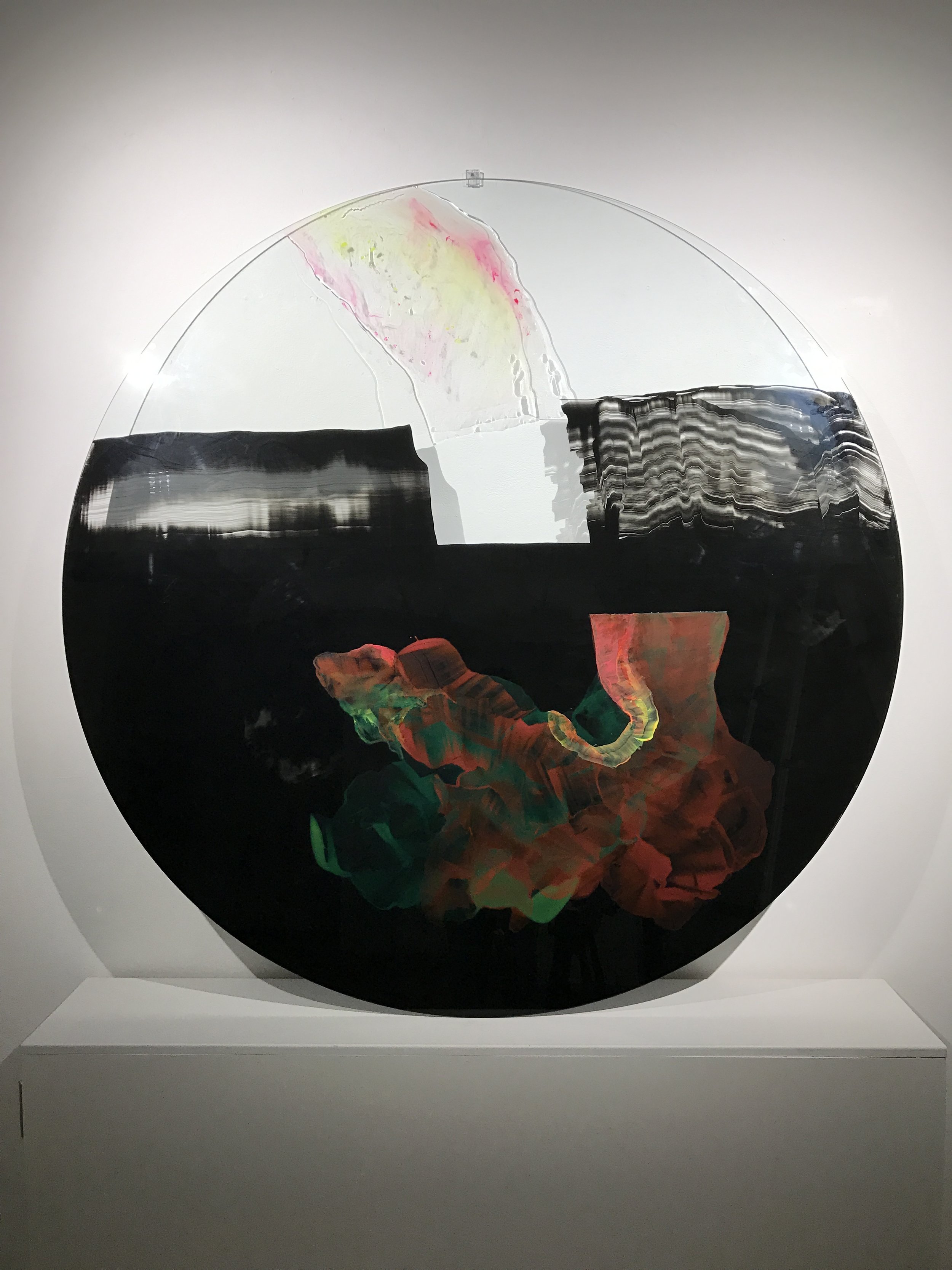  60"dia x 1/4". Acrylic and medium on glass.&nbsp; 