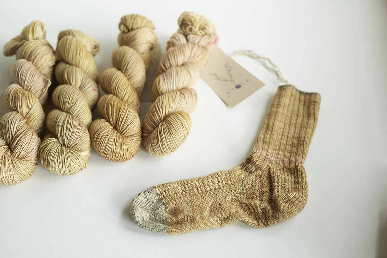 Saugeen dyed on Sock yarn next to my most recent pair of Favourite Socks .