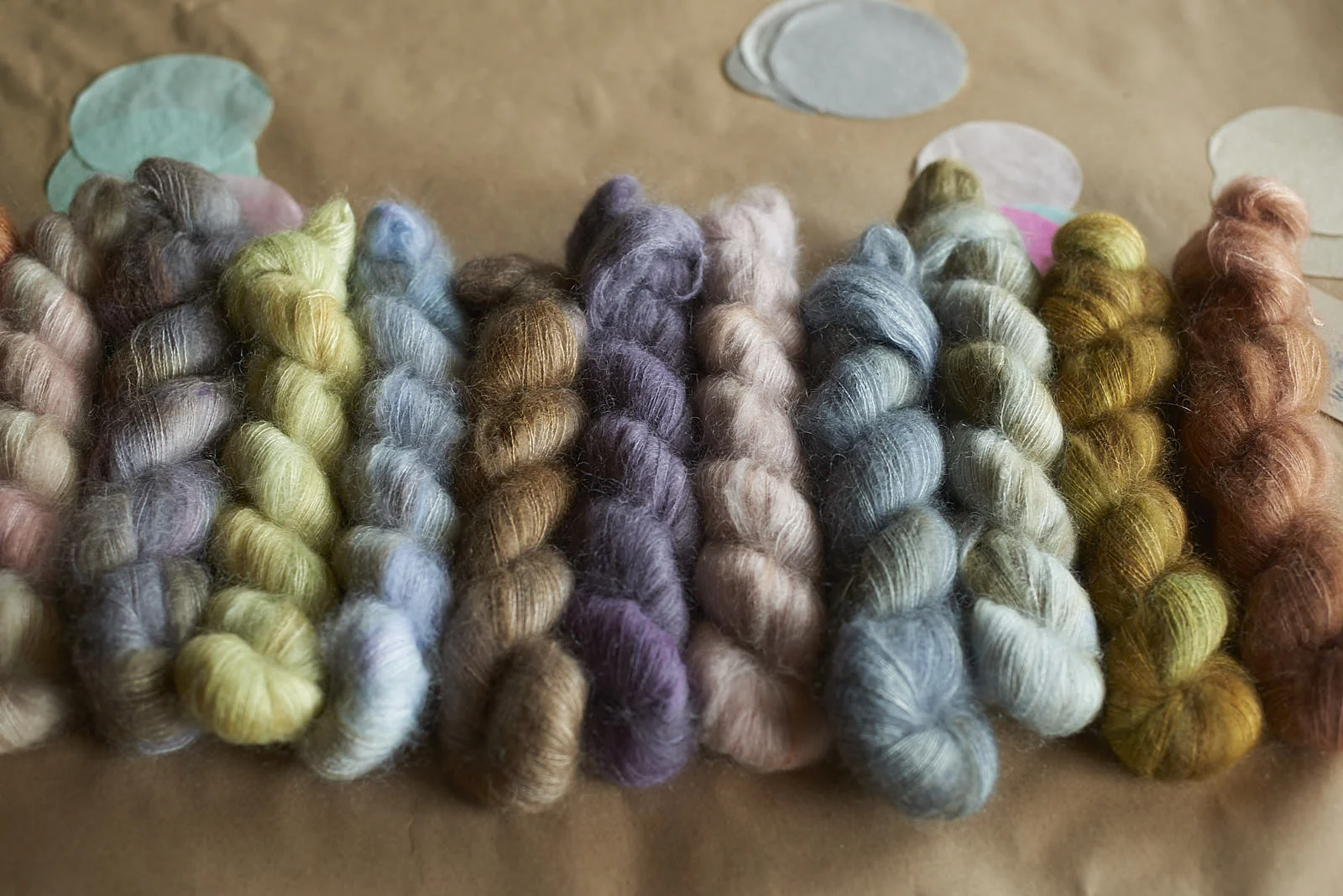 just some of the colours of Mohair we’ve dyed (eeee!) from left to right: Sweet Dreams, Cosmic, Pollen, Lydia, Frozen Earth, Eclipse, Silver Birch, Sea Storm, Reflections, Golden Oak, Rose Gold Dust.