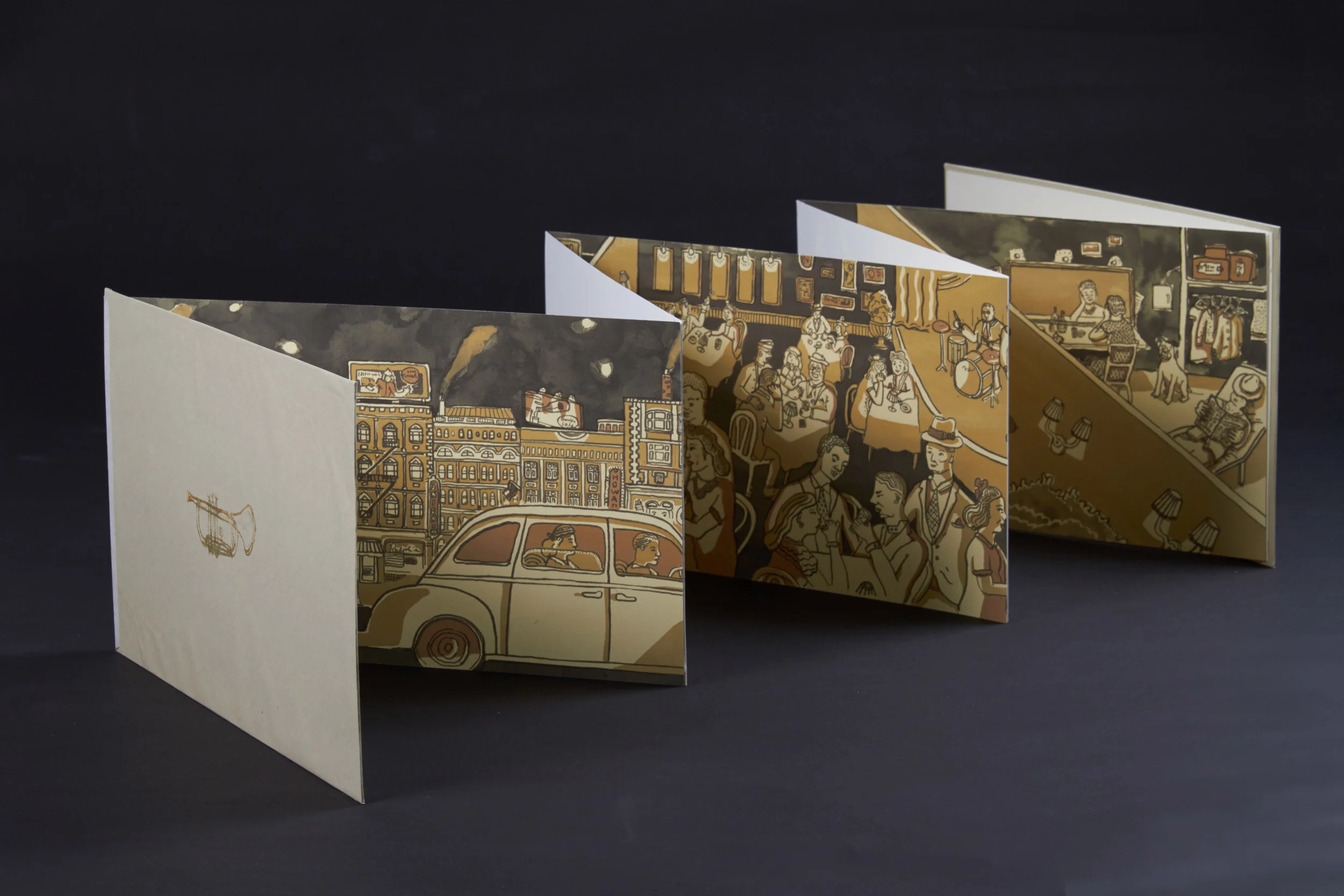 A long, connected illustration turned into 5 paneled accordion book