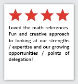 Feedback Quote 2: 4 Stars. Loved the math references. Fun and creative approach to looking at our strengths / expertise and our growing opportunities / proints of delegation!