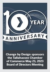 Event 2: Square blue-colored background overlayed with 100 Year Anniversary logo and foreground text reading Change by Design sponsors the Tallahassee Chamber of Commerce May 23, 2023 Board of Directors Meeting.