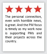 Feedback Quote 7: 4 Stars. The personal connection, even with horrible news, is great. And the PM focus is timely as my work now is supporting PMs and their projects across the country.