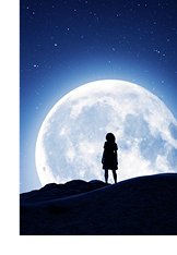 Photograph of silhuetted woman standing in front of moon at night.