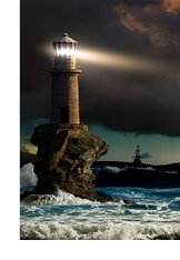 Photograph of a lighthouse shining its light into a storm with clipper ships in the distance