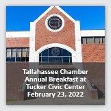 Event 1: Square image background photograph of a brick building entrance, overlayed with foreground text reading Tallahassee Chamber of Commerce Annual Breakfast at Tucker Civic Center February 23, 2022