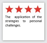 Feedback Quote 12: 4 Stars. The  application of the strategies to personal challenges.