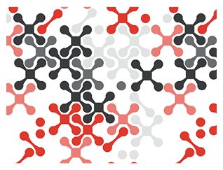 Illustrated graphic pattern of shapes made of five connected dots, multi-colored in tones of red and gray to stack like a structure made of toy game jacks