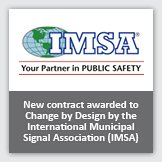 Square image white-colored background with IMSA logo, overlayed with foreground text reading New contract awarded to Change by Design by the International Municipal Signal Association (IMSA).