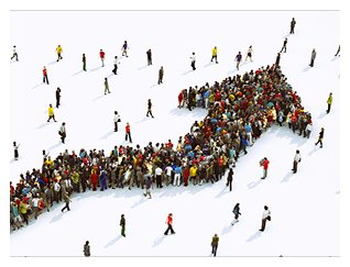 Illustration of arrow made up of individual people gathering to move in one direction.