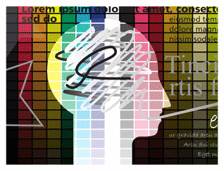 Animated image of two generic head shapes facing each other, surrounded by generic text and shapes, interacting through a swirl tie from one's ideas to another's visual interpretation.