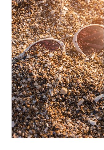 Photograph of eyeglasses half-buried in a sea shell sand beach