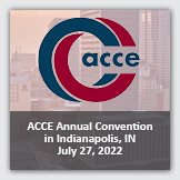 Event 3: Square image of light pink city skyline overlayed with ACCE logo and text that reads ACCE Annual Convention in Indianapolis, IN, July 27, 2022.