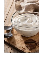 Photograph of a bowl of greek yogurt with chocolate flakes on top.