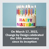 Square image background photo of birthday cake, overlayed with foreground text reading On March 17, 2022, Change by Design celebrated the 14th anniversary since its inception