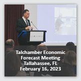 Event 2: Square image background photograph of speaker at podium addressing group, overlayed with foreground text reading TalChamber Economic Forecast Meeting February 16, 2023.