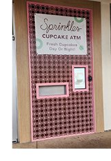 Photographs of Sprinkles ATM matchine that dispenses cupcake desserts.