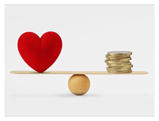 Photograph of red heart on see-saw balance with stack of coins to symbolize balancing care with profit
