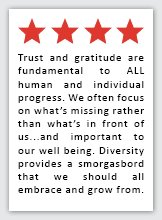 Feedback Quote 6: 4 Stars. Trust and gratitude are fundamental to ALL human and individual progress. We often focus on what's missing rather than what's in front of us... and important to our well being. Diversity provides a smorgasbord that we should all embrace and grow from.