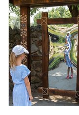 Photograph of a girl standing in front of a circus-style distortion mirror, observing the warped reflection of herself.