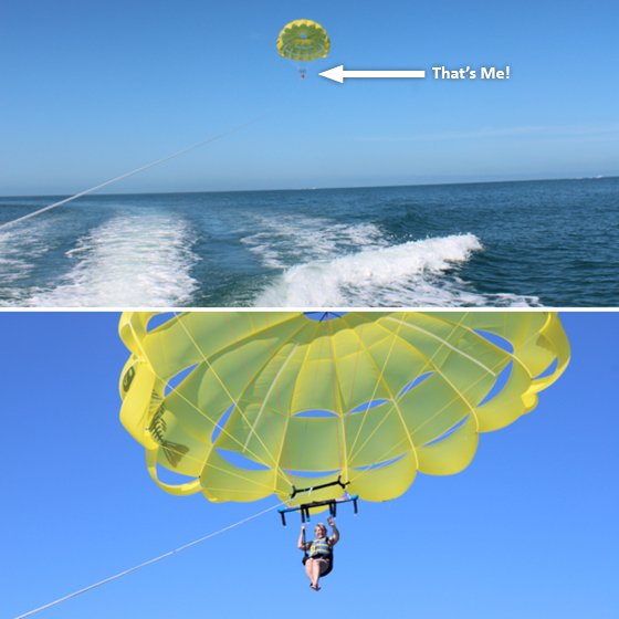 A long distance photograph of Sue parasailing over water with an arrow and caption reading That's Me, above a close-up photo of the same.