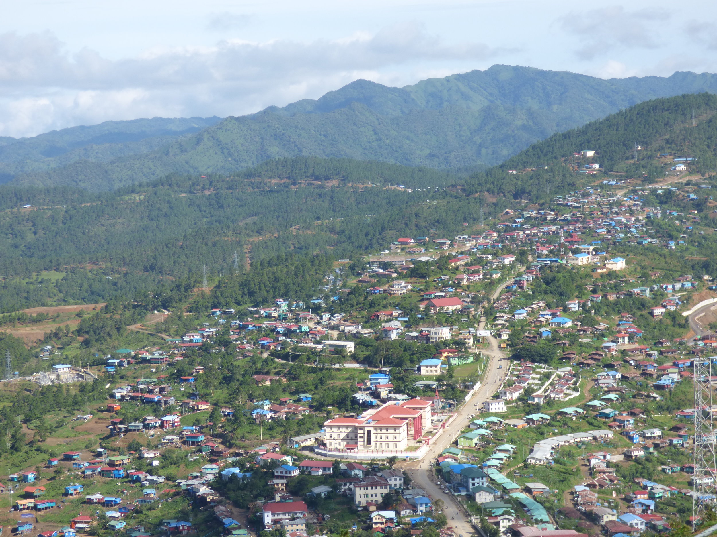 Hakha town with the State Parliament building prominent in the center