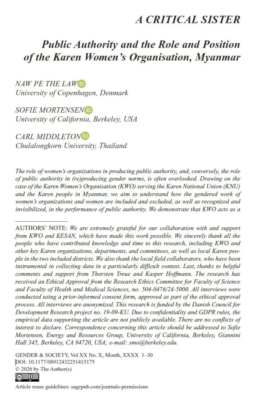 JOURNAL ARTICLE: "A Critical Sister: Public Authority and the Role and Position of the Karen Women’s Organisation, Myanmar"