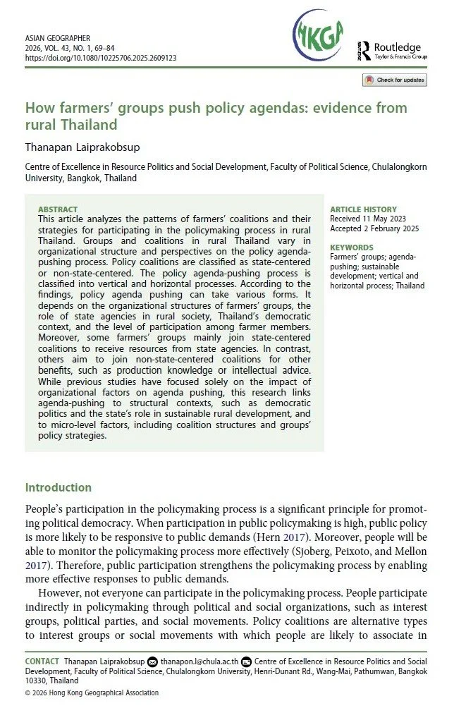 JOURNAL ARTICLE: How Farmers’ Groups Push Policy Agendas: Evidence From Rural Thailand