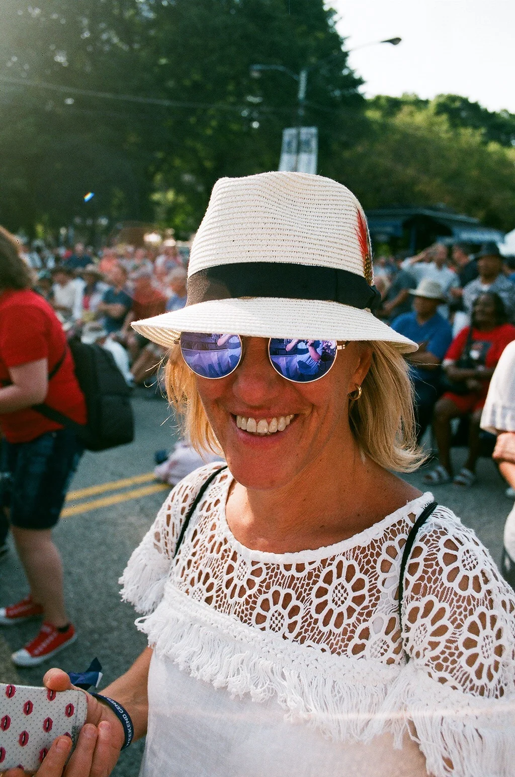Catching my reflection in the sunglasses of a festival attendee. Chicago Blues Festival 2016, Blake Pleasant