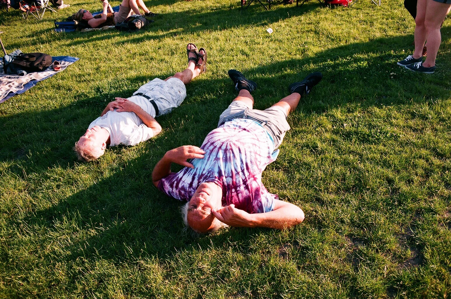 Two festival goers listen to live music laying down in the grass. Chicago Blues Festival 2016, Blake Pleasant