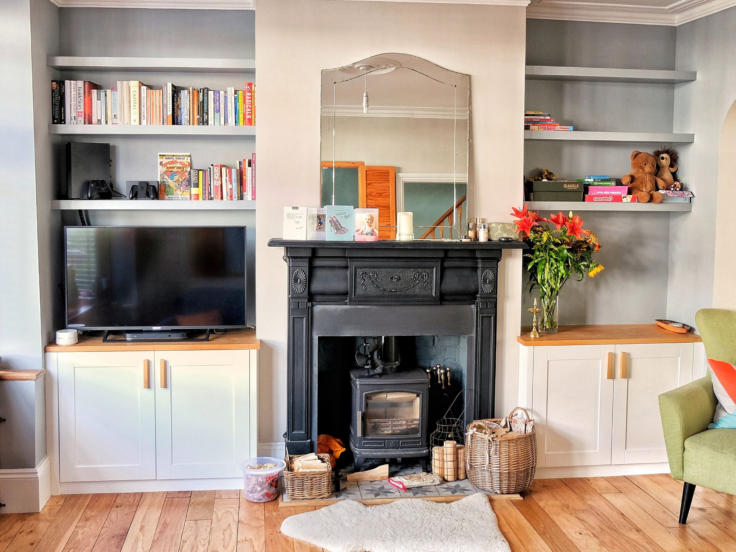 Pair of alcove cabinets and floating shelves