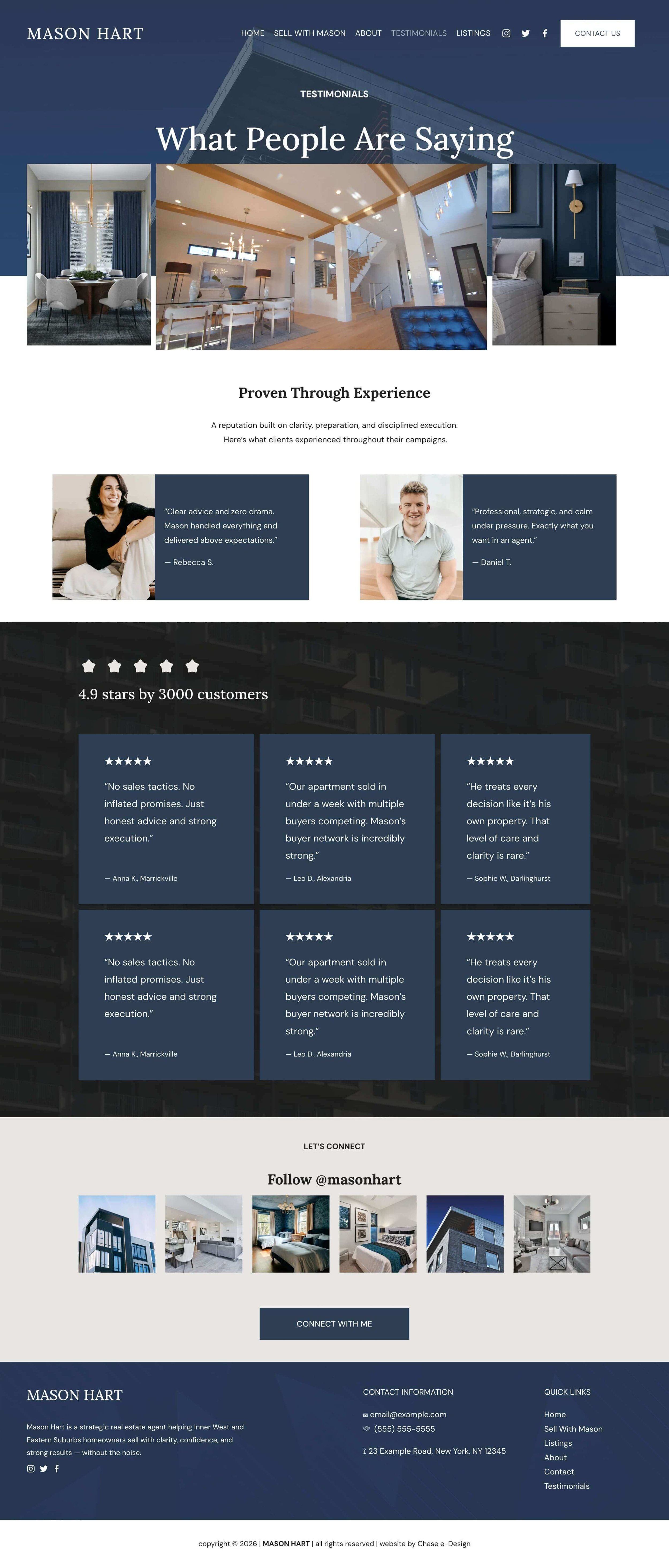 mason hart squarespace template for real estate agent and property agency testimonial page screenshot