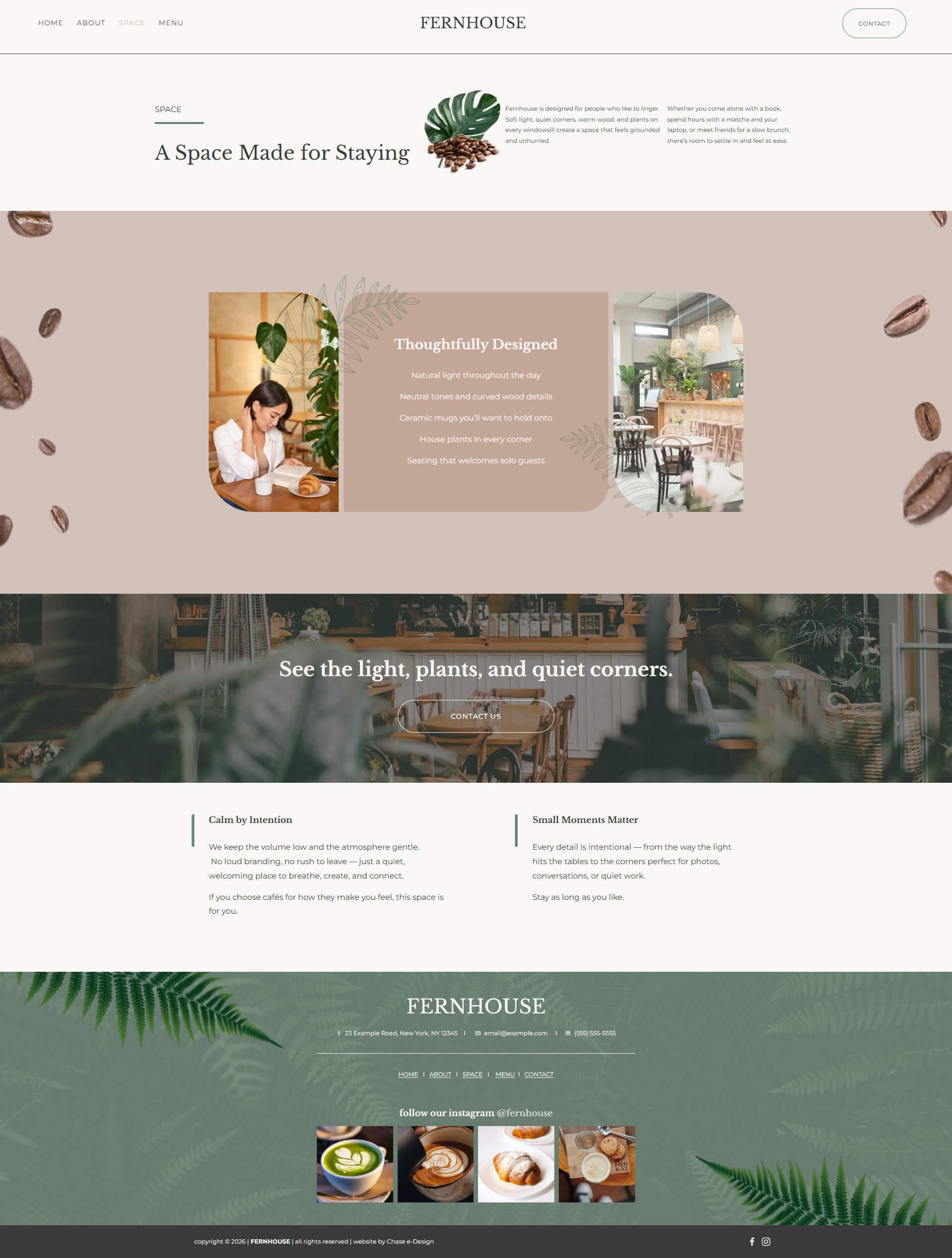 fernhouse squarespace website template for cafe space page screenshot