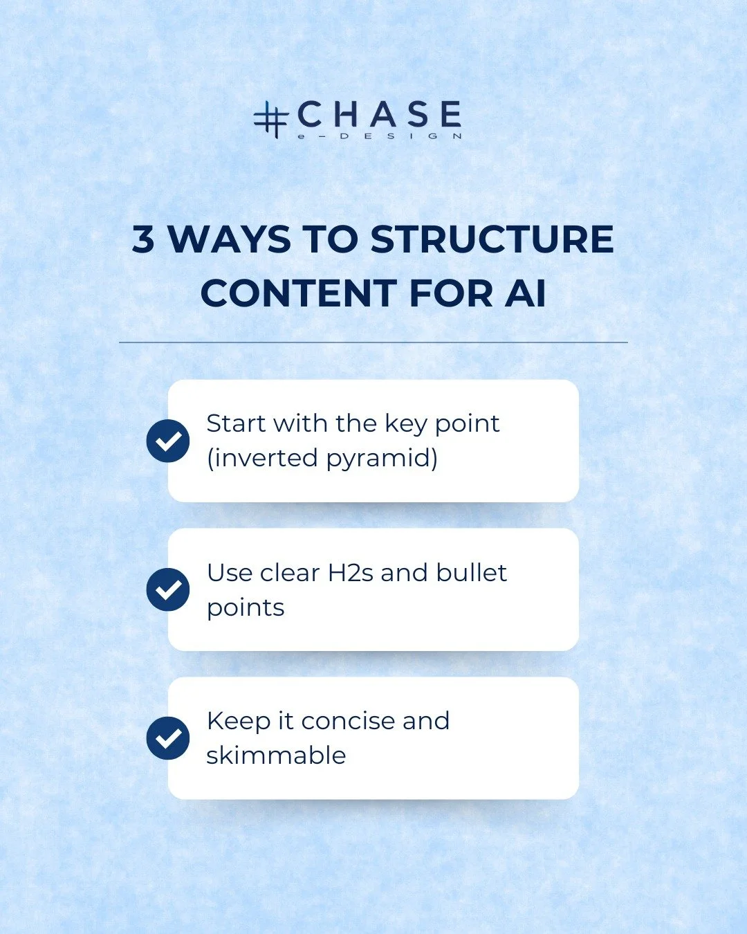 🧠 Want AI to notice your content? Make it easy to read.

GEO is all about clarity:
✅ Start with the key point (inverted pyramid)
✅ Use clear H2s and bullet points
✅ Keep it concise and skimmable

Both humans and AI love structure. And we design your