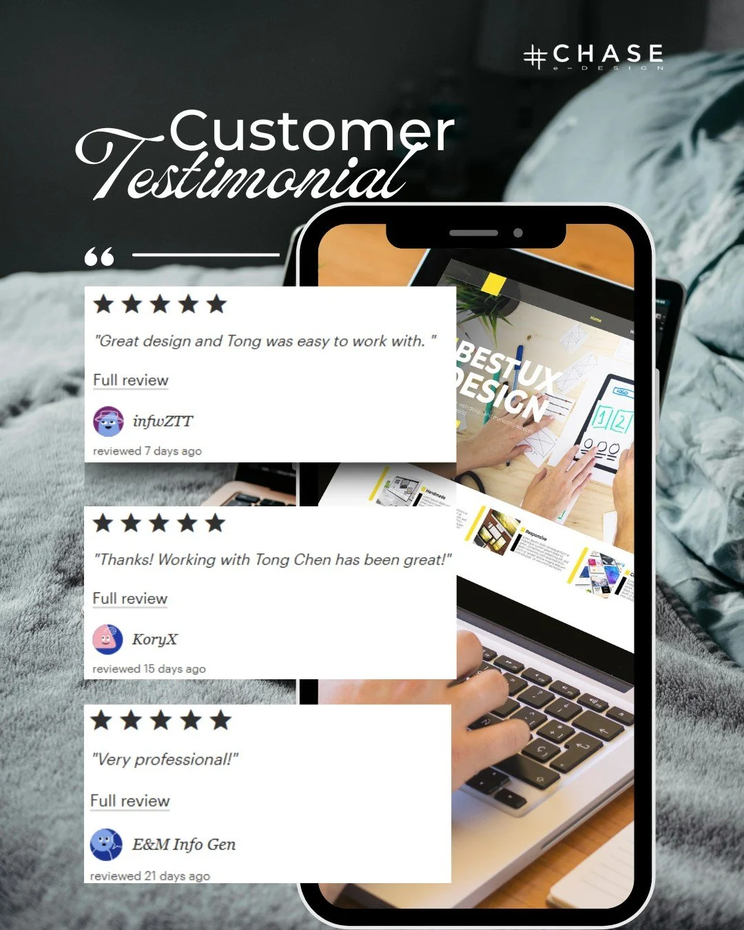 Nothing makes our day more than hearing feedback like this from my 99designs clients: professional, great design, and a wonderful experience working together.

Thank you for trusting Chase e-design with your brand vision &mdash; creating website desi