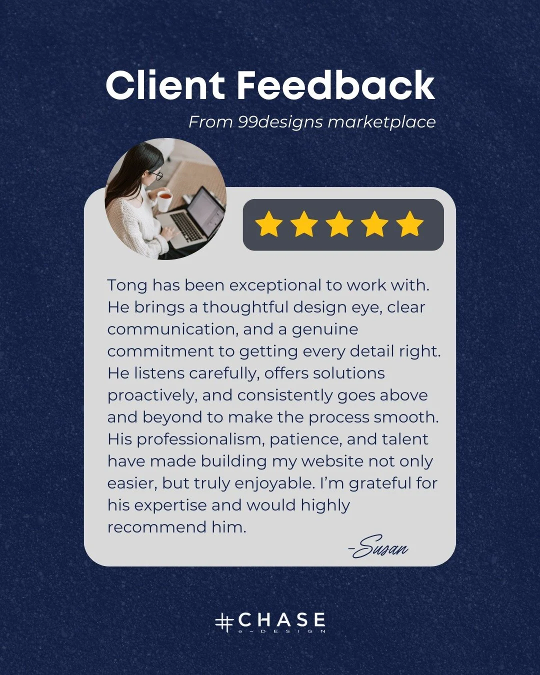 Client love from the 99designs marketplace ⭐

Thoughtful design. Clear communication. A smooth, enjoyable website build from start to finish.

#WebsiteDesign #WebDesign #SquarespaceWebsite #WebDesigner #ChaseEDesign #UXDesign #UIDesign #SmallBusiness