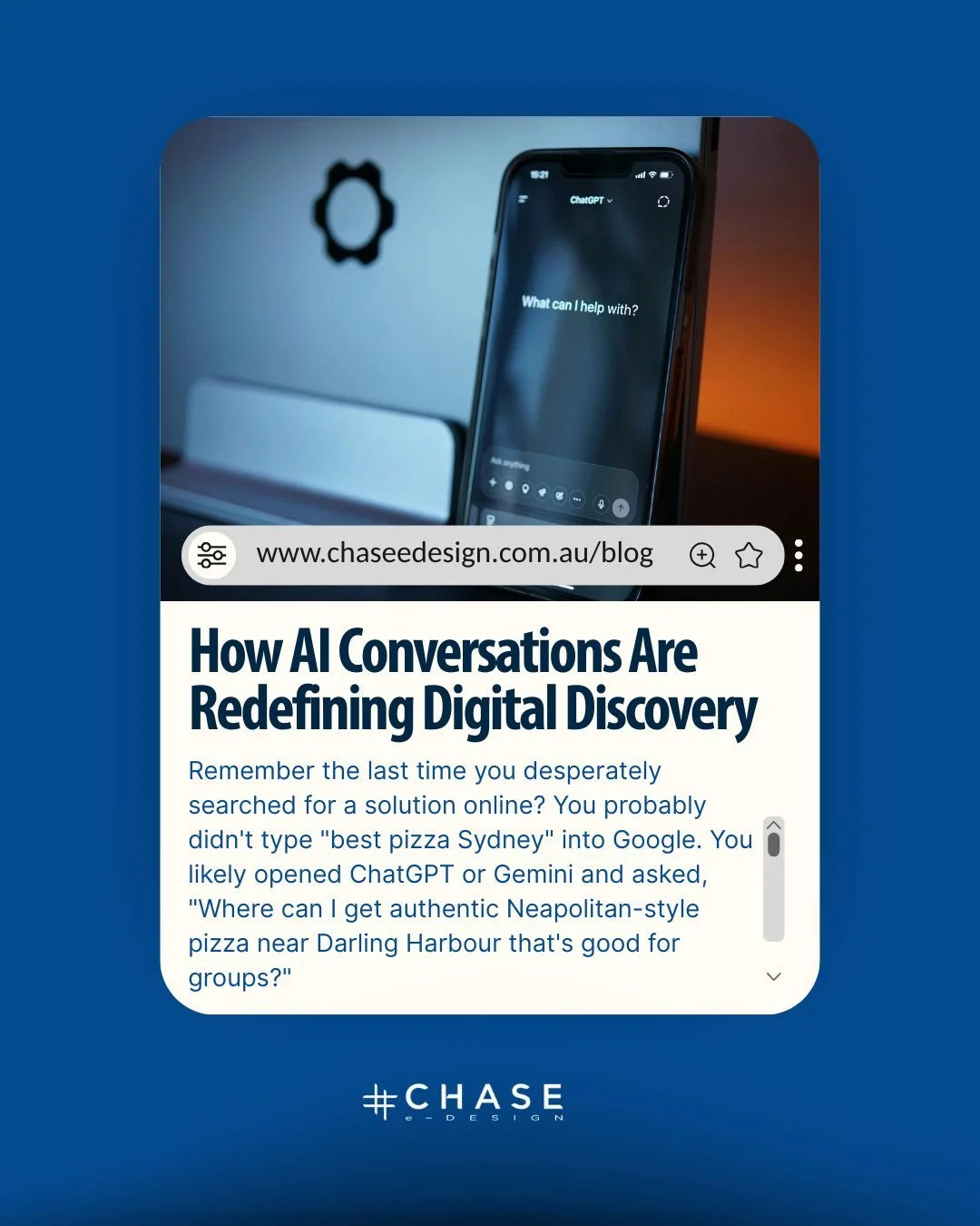 From search engines to smart conversations &mdash; here&rsquo;s how AI is rewriting digital discovery, SEO, and the future of search. 🧠💡

Read now: https://chaseedesign.com.au/blog/how-ai-conversations-are-redefining-digital-discovery

#AI #Artific