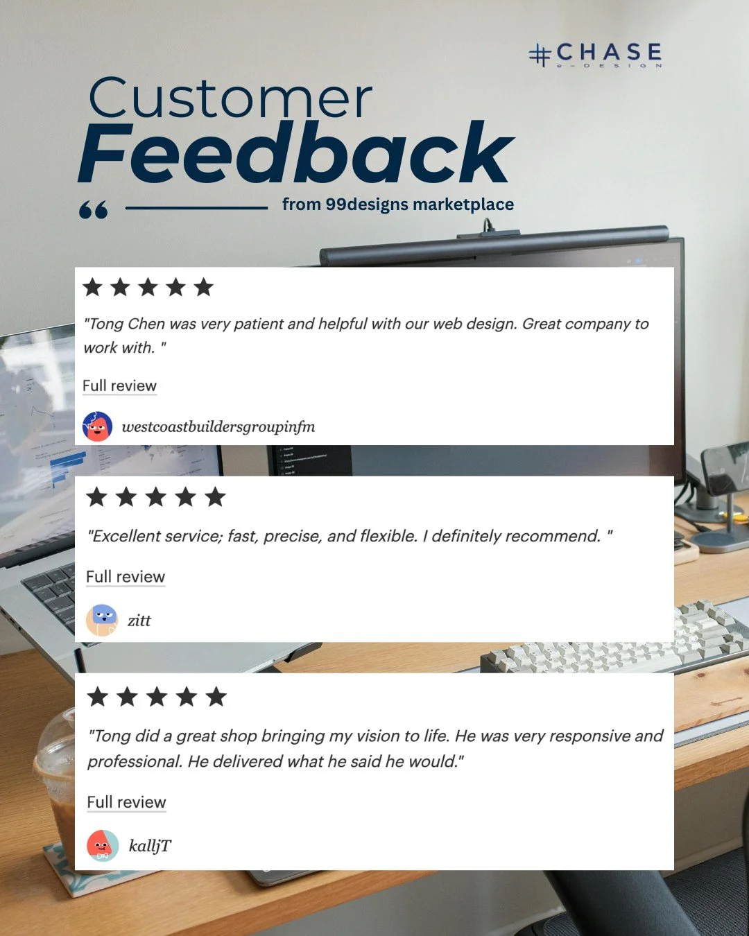 ⭐ Always 5-Star Service ⭐

We&rsquo;re proud to share that our recent client reviews on 99designs have all been ⭐⭐⭐⭐⭐!

Great design is important. But clear communication, quick turnaround, and genuine care? That&rsquo;s what truly sets us apart.

Th