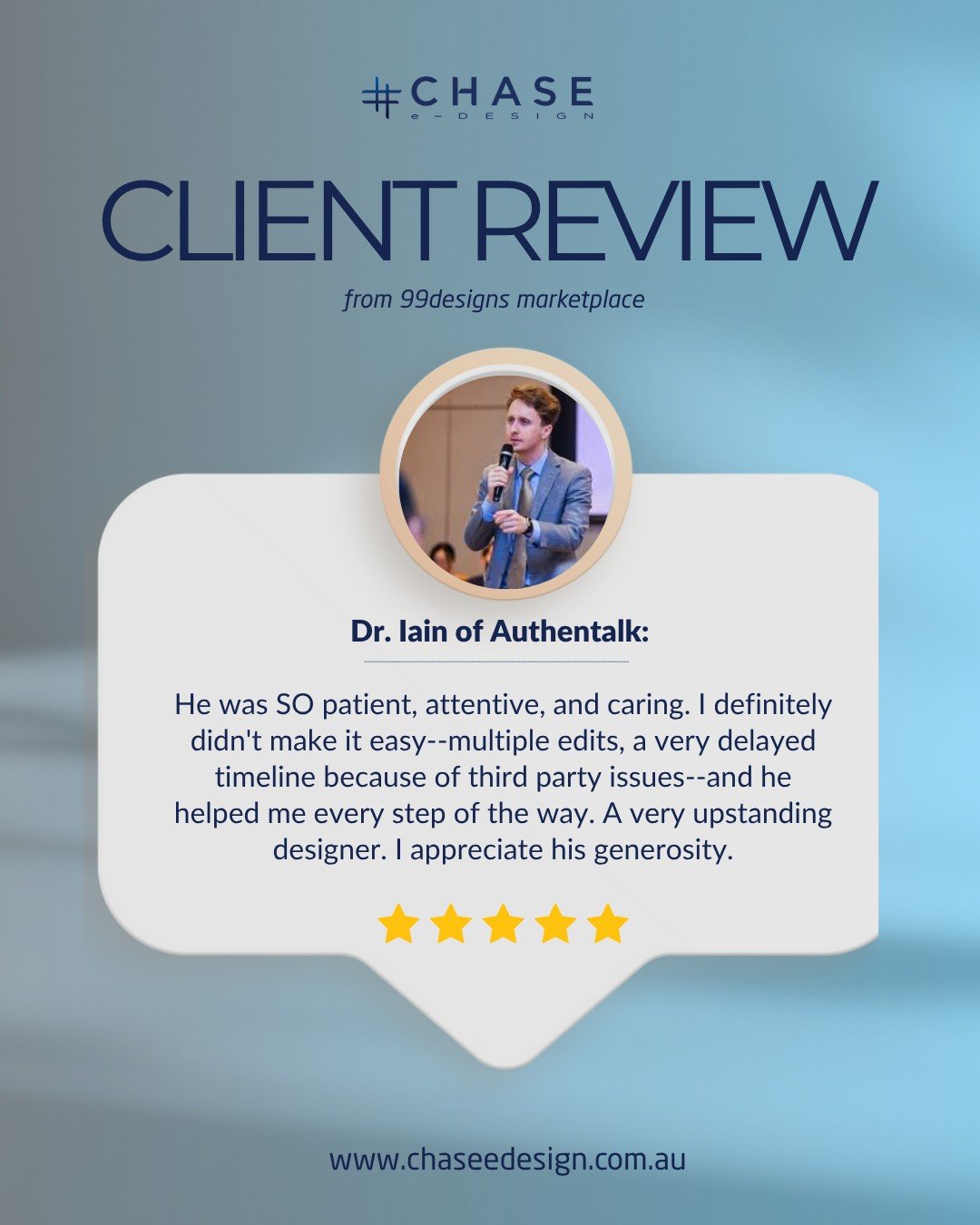 ⭐ Another 5-Star Client Experience ⭐

We&rsquo;re grateful to receive another amazing review from a client on 99designs after completing their website update.

Not just great design, but reliability, professionalism, patience, and genuine support thr