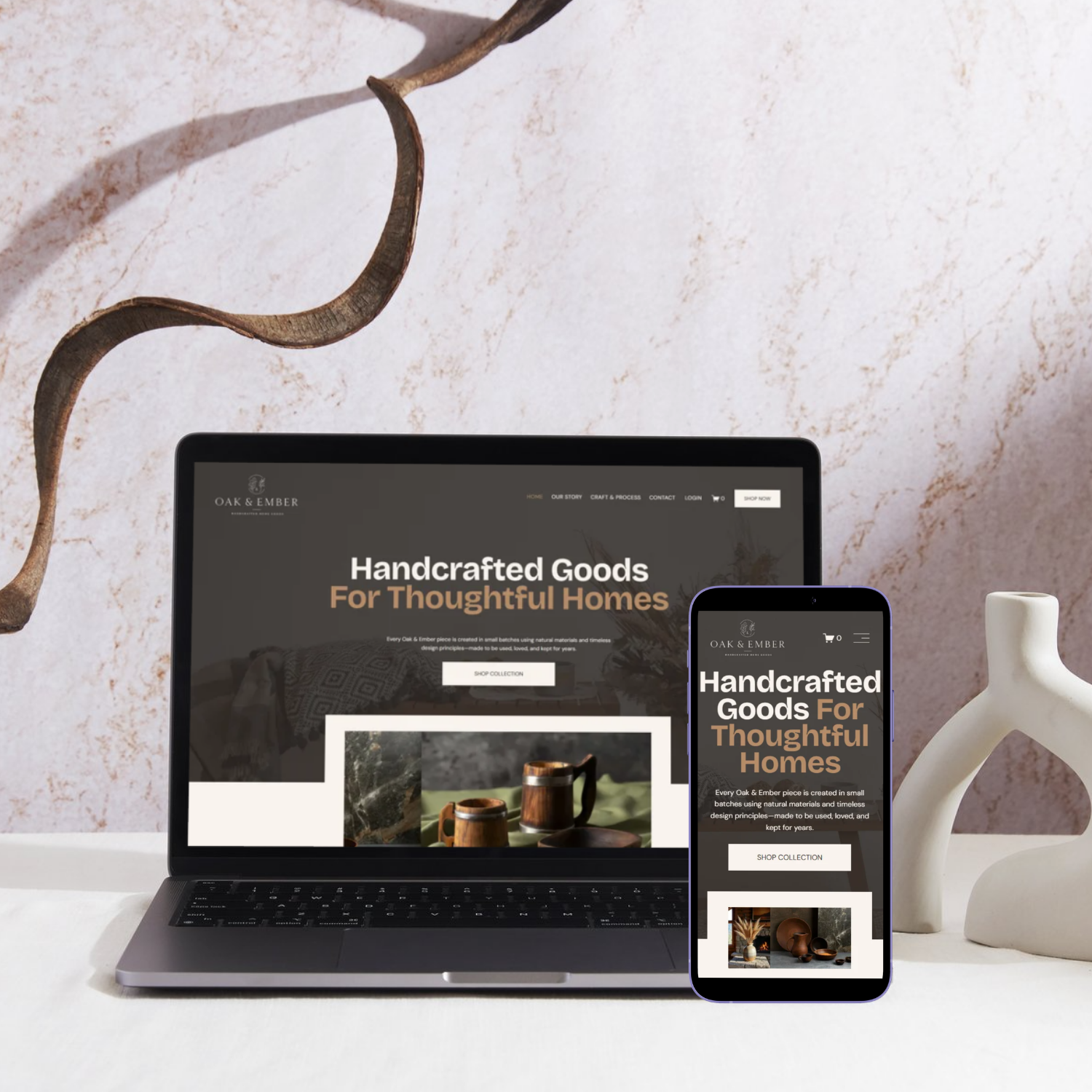 oak & ember squarespace website template mock up for makers, artisans and small business owners