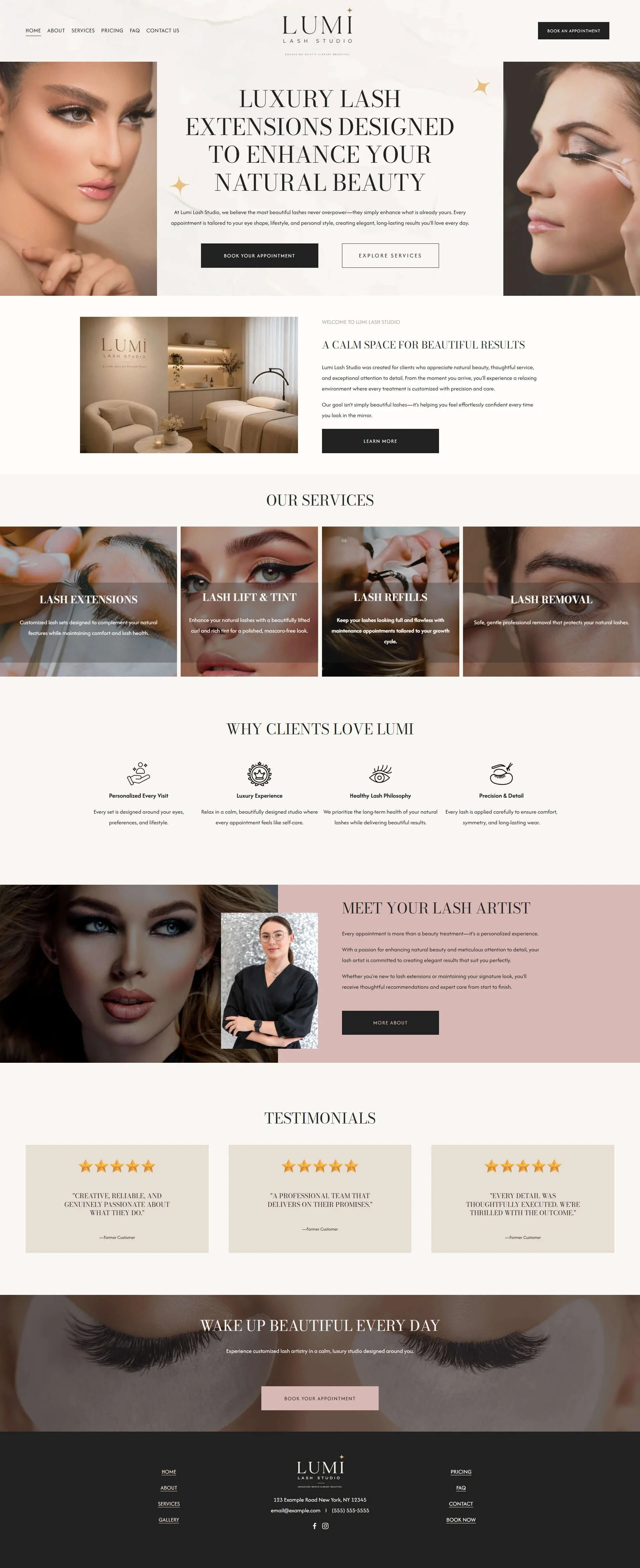 lumi lash studio squarespace website template homepage for Cosmetic artists, Facial & Skin Clinics & Salons