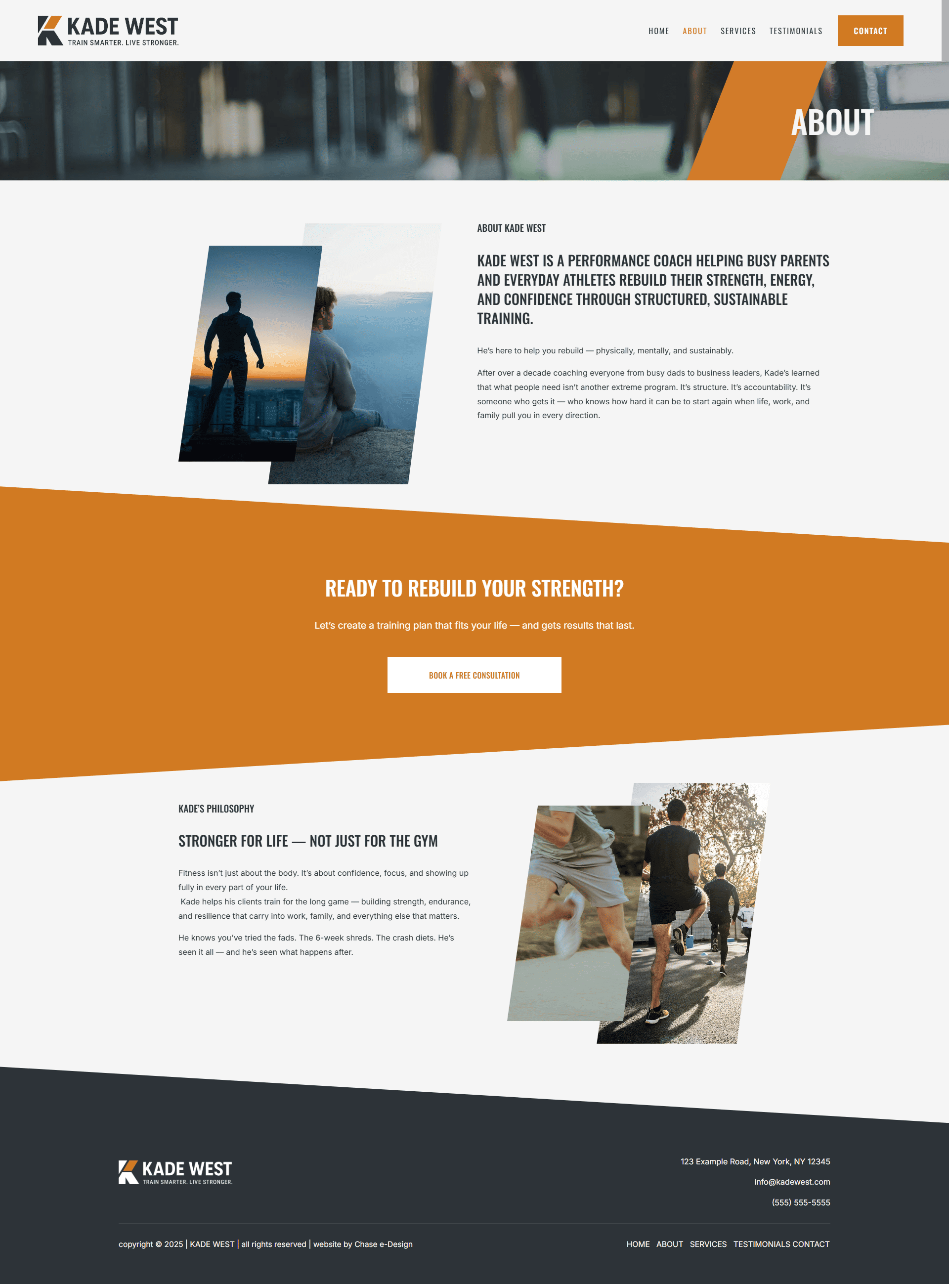 kade west website squarespace template about page for fitness coach and trainers