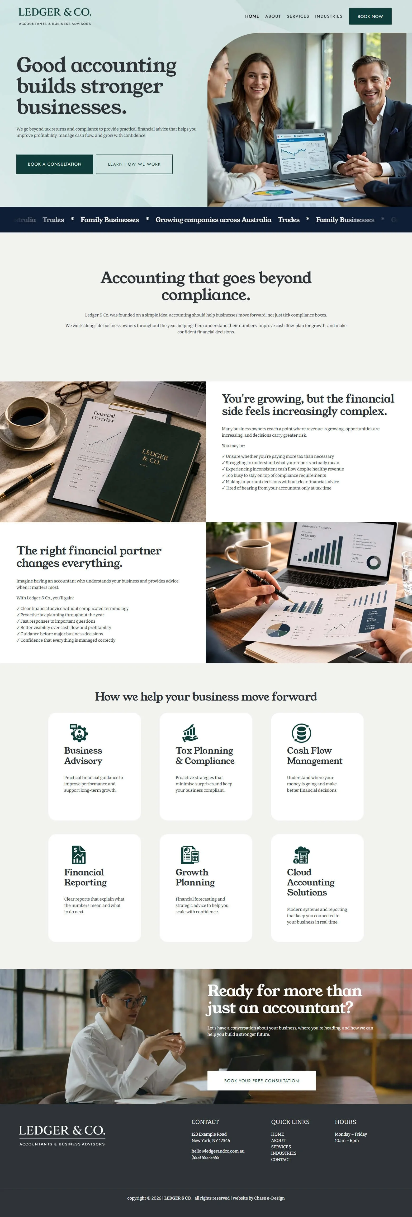 ledger & co squarespace website template home page for accountants, tax & business advisors and accounting firms