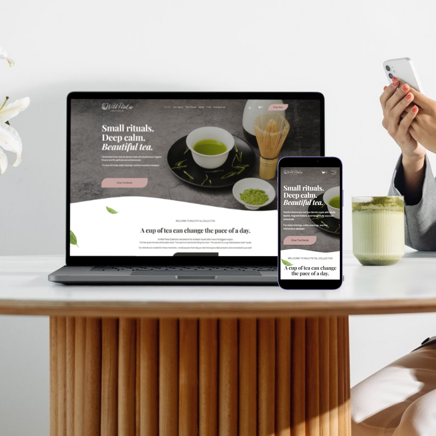 wild petal collective squarespace website template mock up for tea, botanical brands, wellness & lifestyle businesses