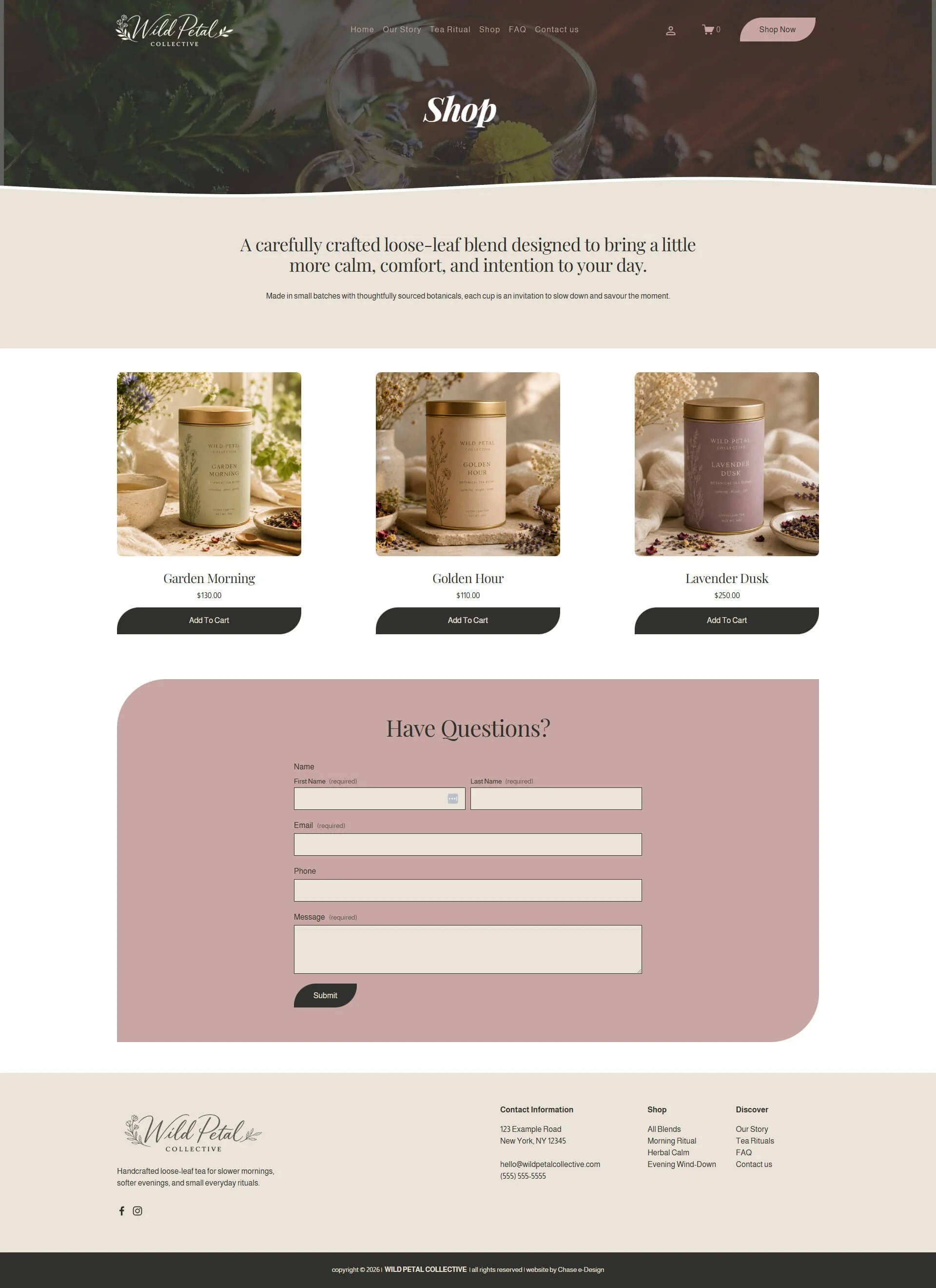 wild petal collective squarespace website template shop page for tea, botanical brands, wellness and lifestyle businesses