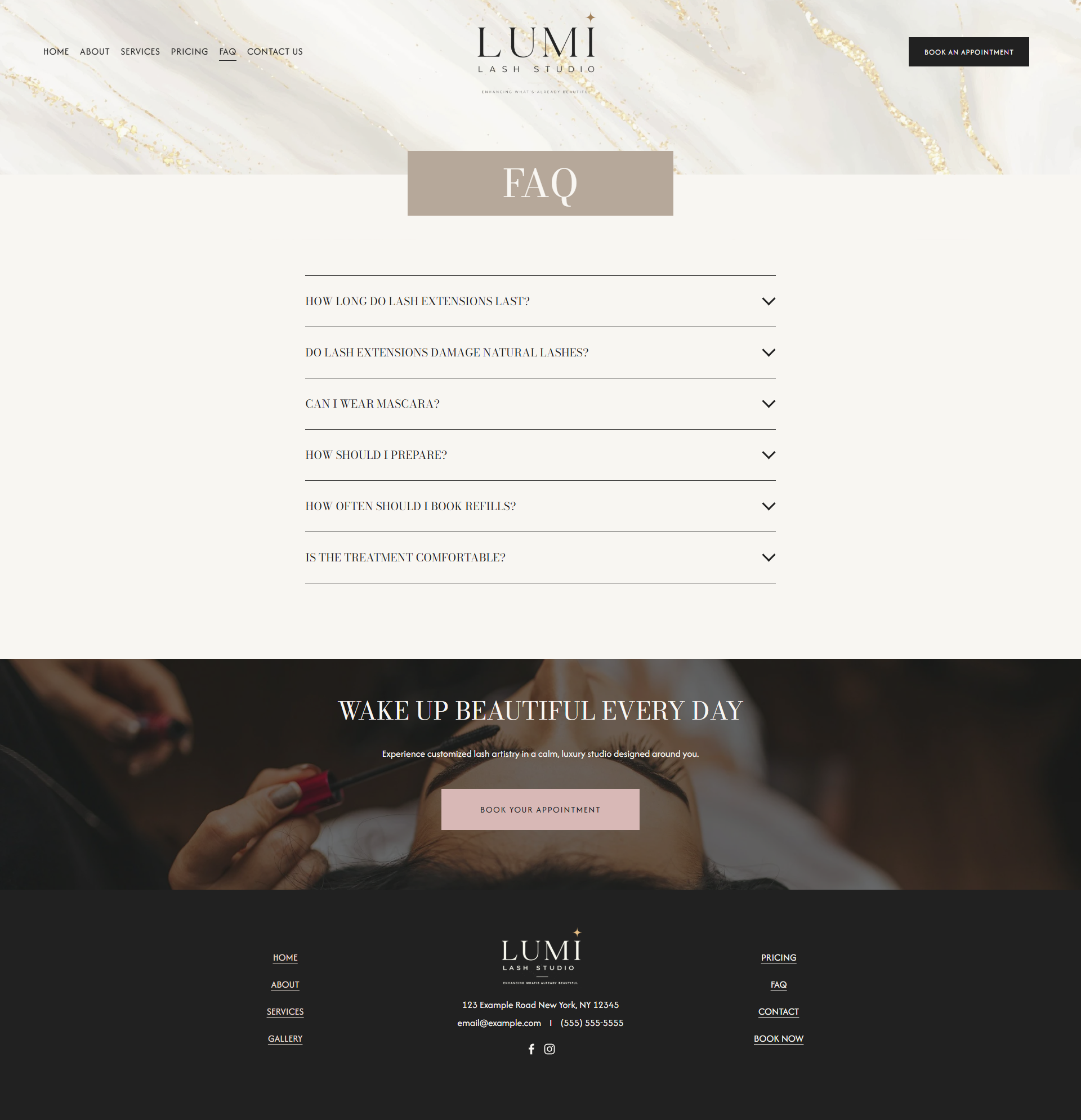 lumi lash studio squarespace website template FAQ page for Cosmetic artists, Facial & Skin Clinics & Salons